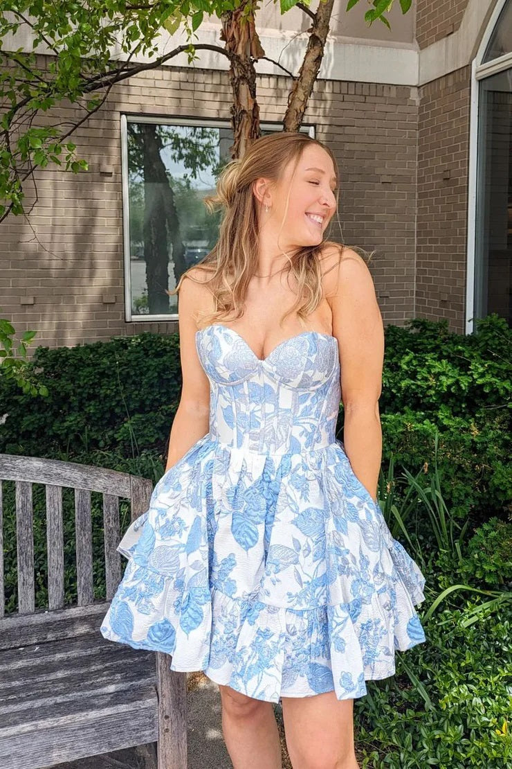 A-Line Strapless Blue Satin Short Homecoming Dress with Pockets – Newinlook