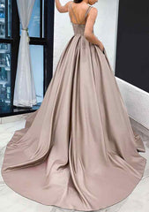 A-Line Sweetheart Sleeveless Satin Prom Dress/Evening Dress with Pockets and Sweep Train