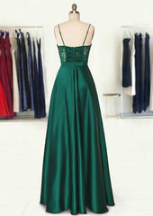A-Line Sweetheart Spaghetti Straps Long/Floor-Length Satin Prom Dress/Evening Dress With Appliqued Pockets