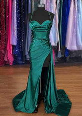 A-Line Sweetheart Spaghetti Straps Prom Dress/Evening Dress in Silk-like Satin with Sweep Train and Ruched Detailing