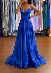 A-Line V-Neck Charmeuse Prom Dress/Evening Dress with Split and Sweep Train