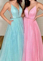 A-Line V-Neck Glitter Prom Dress/Evening Dress with Beading Pockets and Sleeveless Floor-Length Tulle Design