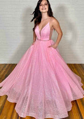 A-Line V-Neck Glitter Prom Dress/Evening Dress with Beading Pockets and Sleeveless Floor-Length Tulle Design