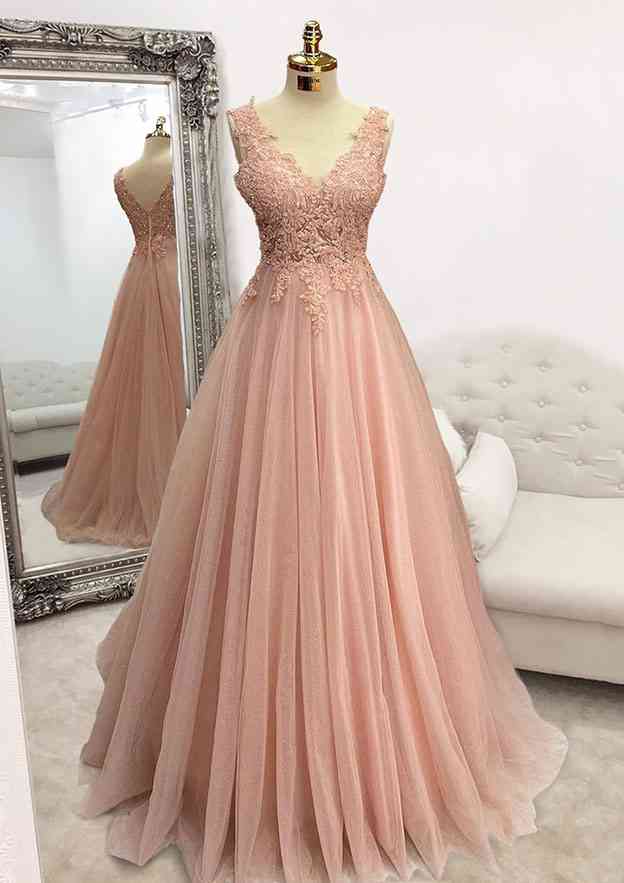 A-Line V-Neck Sleeveless Glitter Prom Dress/Evening Dress With Appliqued Beading for Floor-Length Tulle Look