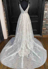 A-Line V-Neck Sleeveless Laced Court Train Prom Dress/Evening Dress With Pleated Detail