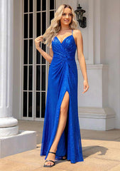 A-Line V-Neck Sleeveless Long Knit Prom Dress/Evening Dress with Pleated Split