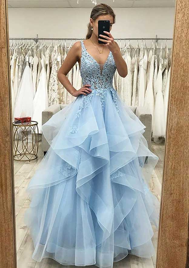 A-Line V-Neck Sleeveless Long Tulle Satin Prom Dress/Evening Dress With Laced Appliqu¨¦