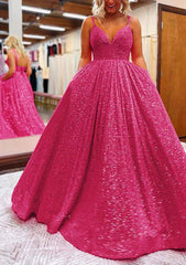 A-Line V-Neck Sleeveless Prom Dress/Evening Dress with Sequins and Pockets