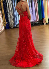 A-Line V-Neck Sleeveless Prom Dress/Evening Dress with Sequins Split and Sweep Train Tulle