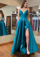A-Line V-Neck Sleeveless Satin Long/Floor-Length Prom Dress/Evening Dress With Pockets Split