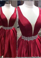 A-Line V-Neck Sleeveless Satin Short/Mini Homecoming Dress With Beading Bandage