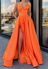 A-Line V-Neck Sleeveless Sweep Train Satin Prom Dress/Evening Dress