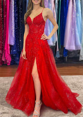 A-Line V-Neck Sleeveless Sweep Train Tulle Prom Dress/Evening Dress with Appliqued Beading Split Glitter