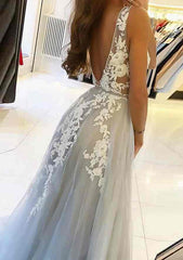 A-Line V-Neck Sleeveless Sweep Train Tulle Prom Dress/Evening Dress With Beading Laced