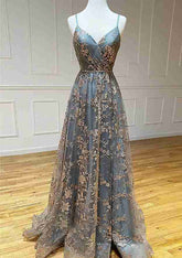 A-Line V-Neck Sleeveless Sweep Train Tulle Satin Prom Dress/Evening Dress With Appliqued Split