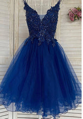 A-Line V-Neck Sleeveless Tulle Homecoming Dress with Beaded Appliques and Sequins