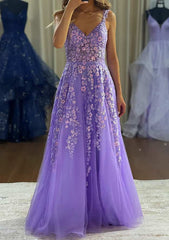 A-Line V-Neck Sleeveless Tulle Prom Dress/Evening Dress with Appliqued Beading - Long/Floor-Length