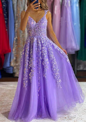 A-Line V-Neck Sleeveless Tulle Prom Dress/Evening Dress with Appliqued Beading - Long/Floor-Length