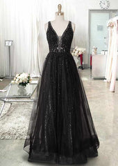 A-Line V-Neck Sleeveless Tulle Prom Dress/Evening Dress with Beading Appliqued for Long/Floor-Length Look