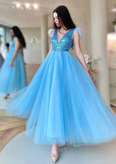 A-Line V-Neck Sleeveless Tulle Prom Dress/Evening Dress With Sequins Feather
