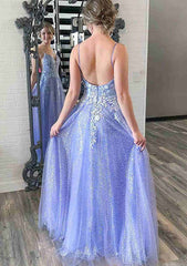 A-Line V-Neck Spaghetti Strap Glitter Tulle Prom Dress/Evening Dress with Appliqued Pockets