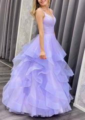 A-Line V-Neck Spaghetti Straps Long Prom Dress/Evening Dress with Ruffles in Organza