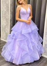 A-Line V-Neck Spaghetti Straps Long Prom Dress/Evening Dress with Ruffles in Organza