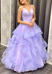 A-Line V-Neck Spaghetti Straps Long Prom Dress/Evening Dress with Ruffles in Organza