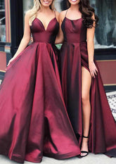 A-Line V-Neck Spaghetti Straps Long Satin Prom Dress/Evening Dress with Split