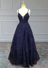 A-Line V-Neck Spaghetti Straps Long Tulle Prom Dress/Evening Dress with Appliqued Beading Sequins