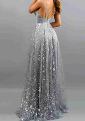 A-Line V-Neck Spaghetti Straps Long Tulle Prom Dress/Evening Dress with Pleated Sequins Split