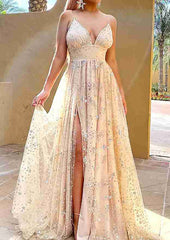 A-Line V-Neck Spaghetti Straps Long Tulle Prom Dress/Evening Dress with Pleated Sequins Split