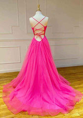 A-Line V-Neck Spaghetti Straps Sweep Train Tulle Prom Dress/Evening Dress with Pleated Detail