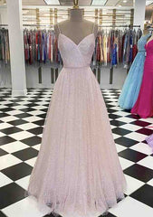 A-Line V-Neck Spaghetti Straps Tulle Prom Dress/Evening Dress With Beading Sequins