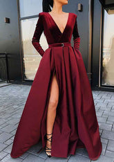 A-Line V-Neck Strapless Long Split Prom Dress/Evening Dress in Satin Velvet with Waistband