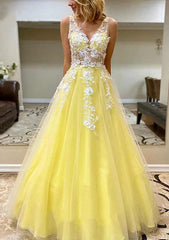 A-Line V-Neck Tulle Prom Dress/Evening Dress with Appliqu¨¦ - Long/Floor-Length