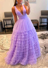 A-Line V-Neck Tulle Prom Dress/Evening Dress with Ruffles & Regular Straps - Long/Floor-Length