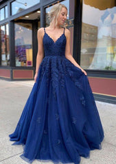A-Line/Princess V-Neck Laced Prom Dress/Evening Dresses with Sweep Train