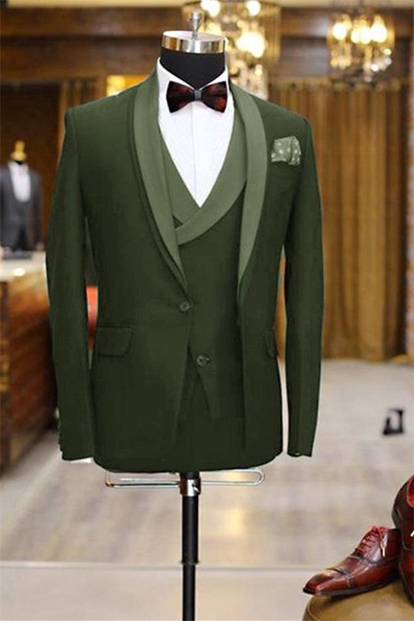 Newinlook Green Shawl Slim Fit Prom Suit - Olive Lapel, 3 Pieces Tuxedo