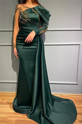 Newinlook Dark Green Mermaid Long Sleeves Beads Evening Dress With Appliques