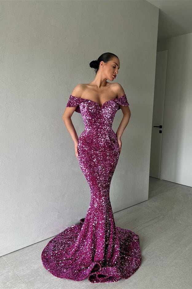 Newinlook Purple Off-The-Shoulder Long Evening Dress Mermaid With Sequins