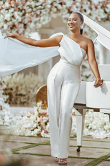 Newinlook Elegant One-Shoulder White Pleated Long Jump Suit