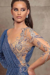 Newinlook Gorgeous V-Neck Mermaid Evening Dress Long Sleeves With Sequins Beads