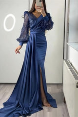 Newinlook Miable Mermaid Sequins V-Neck Long Sleeves Split Evening Dress With Ruffle