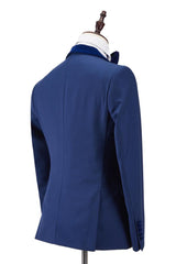 Newinlook Stylish Royal Blue Velvet Stitching One Button New Wedding Party Suit with Shawl Lapel