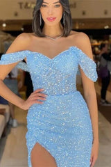 Newinlook Modern Slit Sky Blue Sweetheart Sequins Straps Mermaid Evening Dress Tulle With Detachable Ruffles