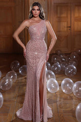 Newinlook One Shoulder Pink Pearl Sequins Mermaid Evening Dress With Beads Split