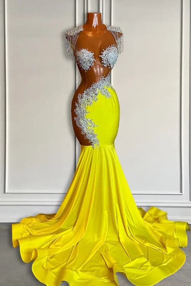 Beautiful Yellow Long Scoop Mermaid Prom Dresses with Beadings and Tassels
