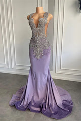 Elegant Lilac Mermaid Prom Dresses with Scoop Neckline Sleeveless and Crystal Beadings