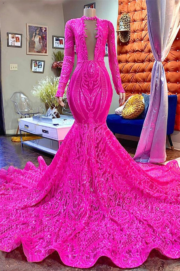 Newinlook Charming Pink Long Sleeves Sweep Evening Dress